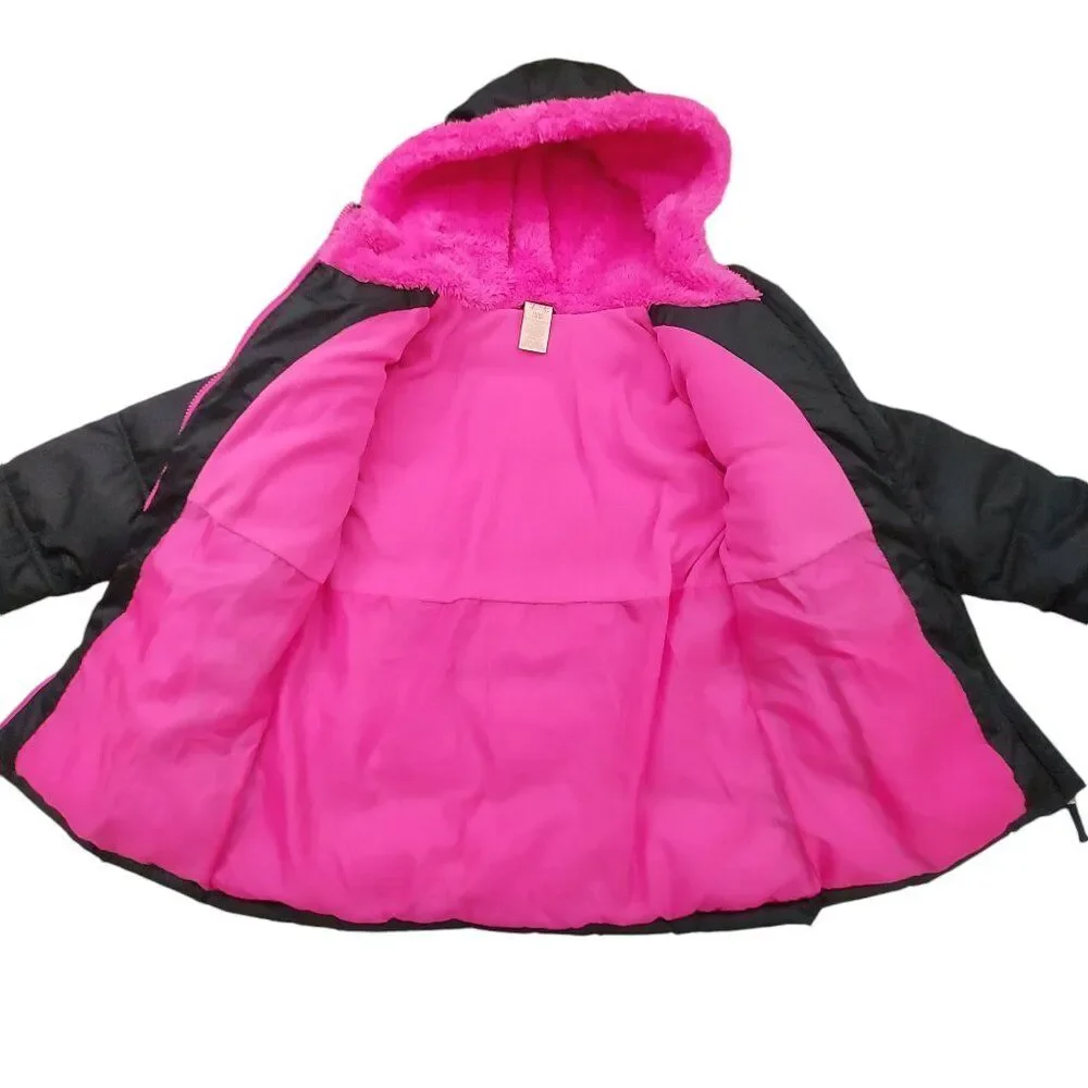 Faded Glory Puffer Jacket Youth XL 14/16 Black Pink Hooded Full Zip Fleece Warm